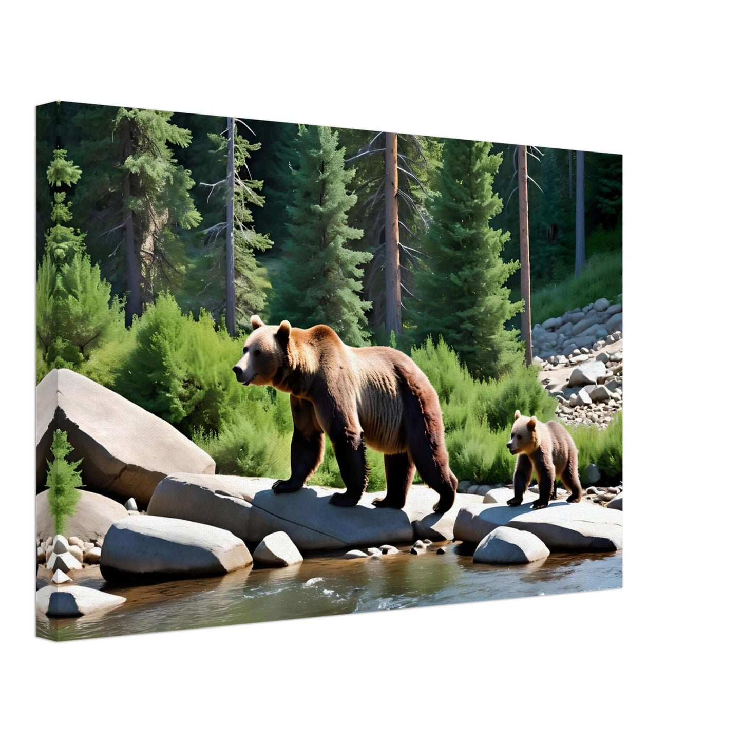 Canvas print of a mother bear and cub by the river, showcasing wilderness; available in slim and thick sizes.