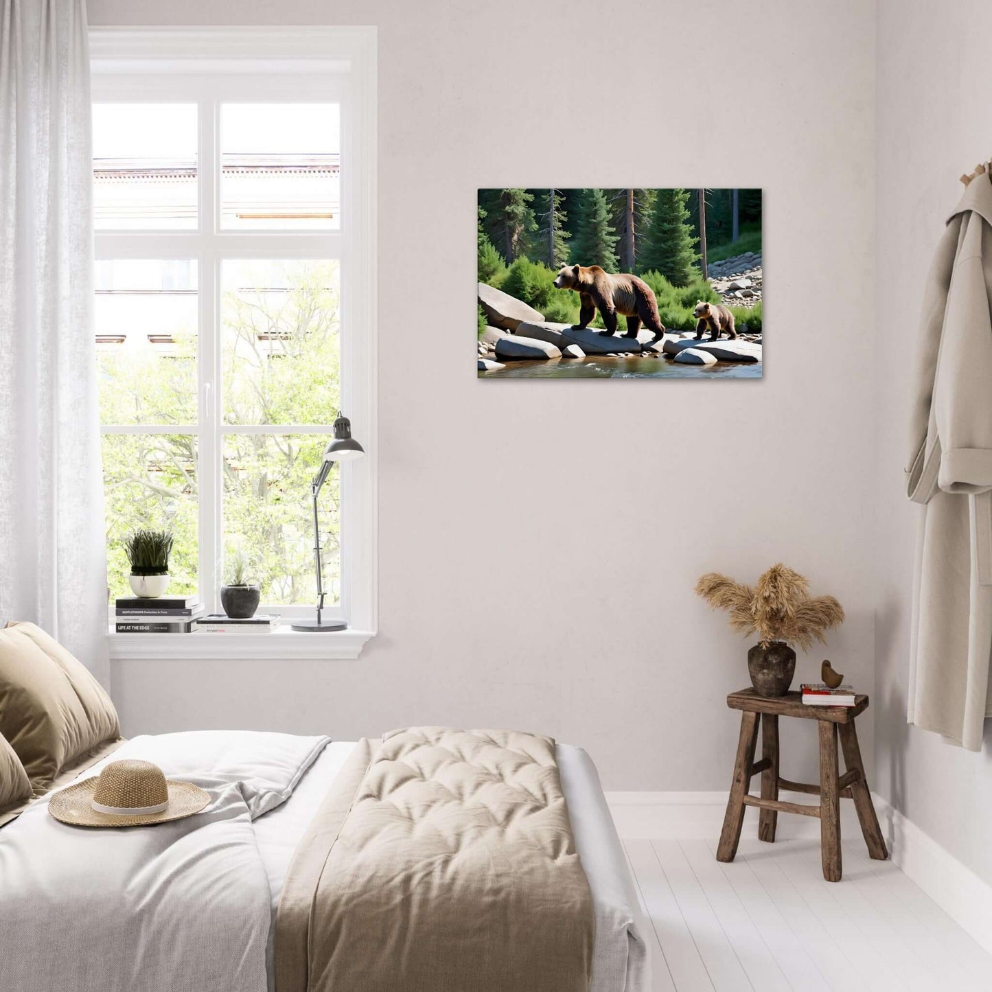 Bear and cub by the river canvas print in a cozy bedroom, showcasing wildlife art in sizes slim or thick.