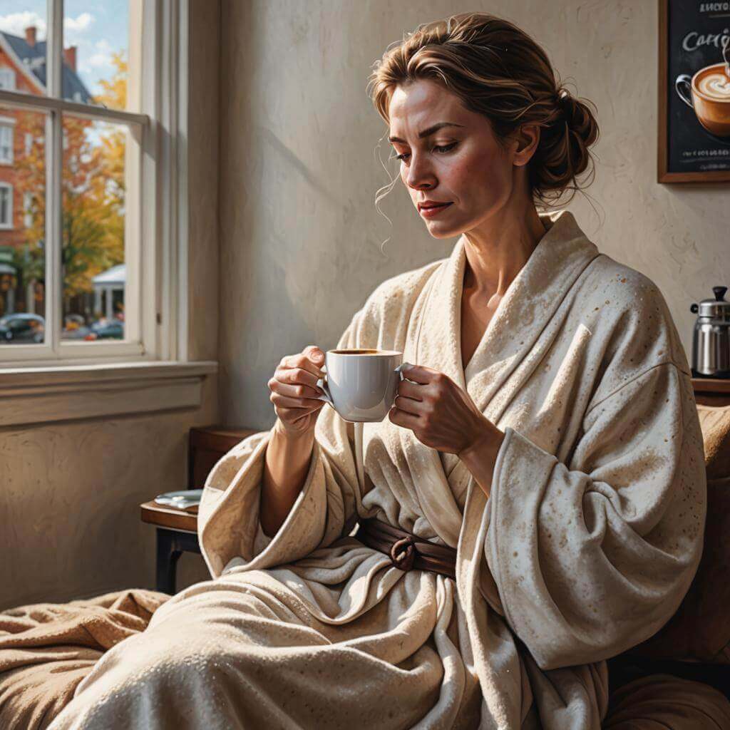 Women enjoying a cup of hot coffee in robe in comfort of home