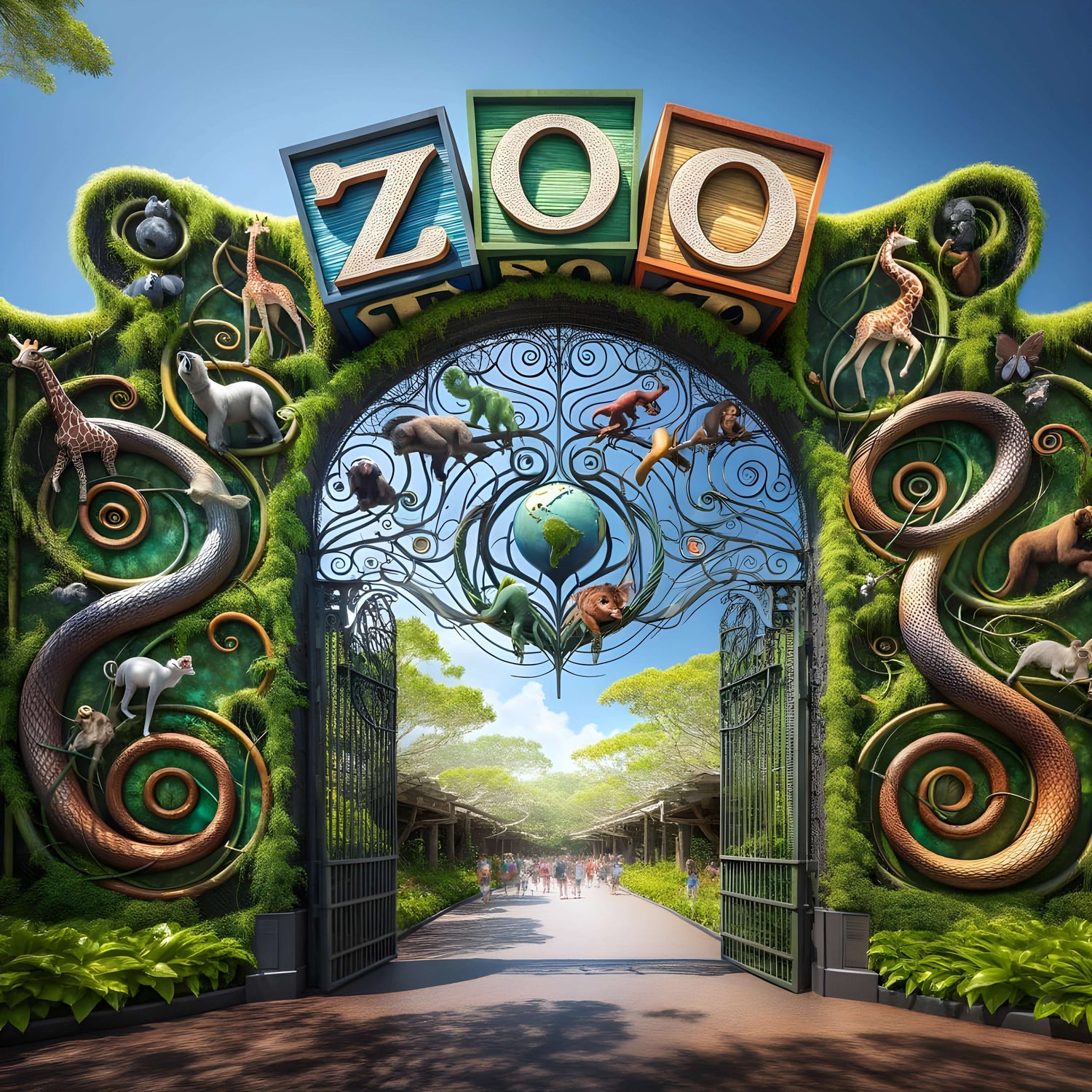 Cover art for spellbound schematics art of zoo creatures collection depicting a masive gate covered by animals and foliage.