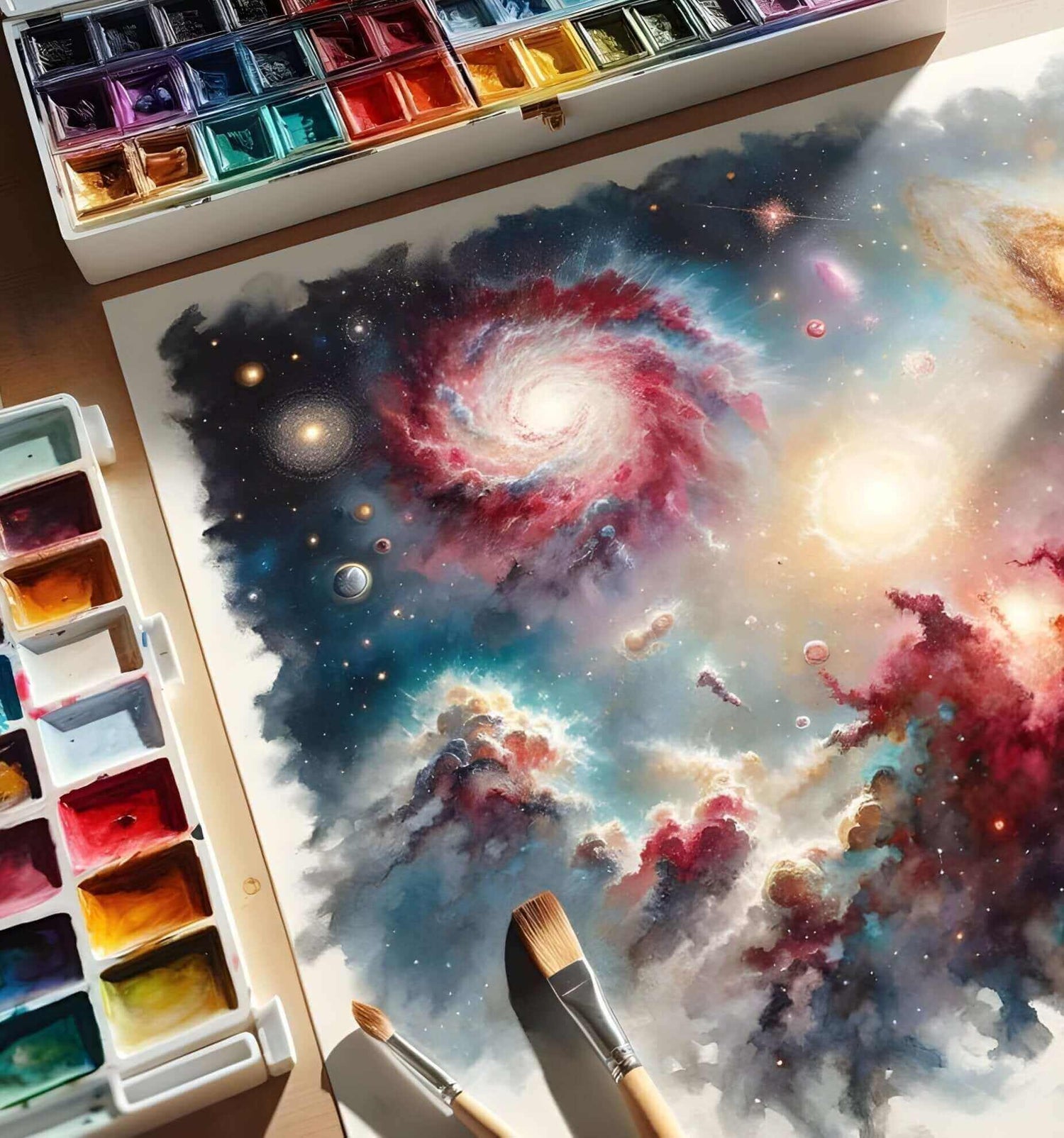 Vibrant Space Canvas with brushes and Multiple paint sets. Image for spellboundschematics.com canvas collection