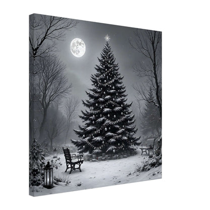 Black and white canvas print of a serene Christmas Eve scene with a tree, moon, and benches, 16x16 inches.