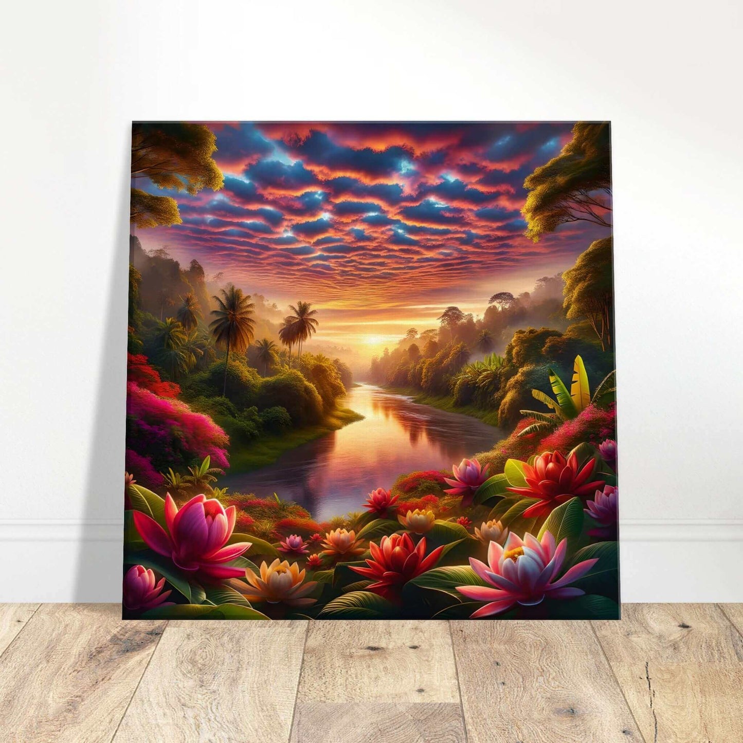 Dusks embrace on a tranquil river journey canvas