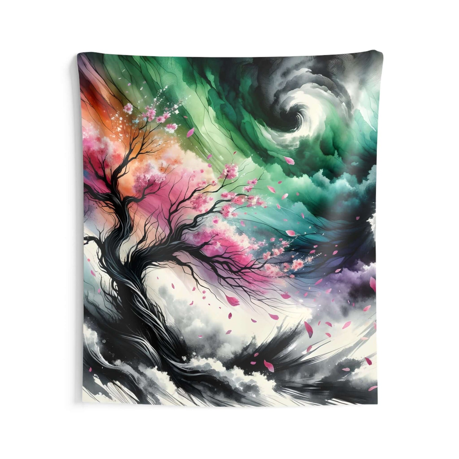 Guardian of Calm large tapestry with a swirling storm and blossoming tree, adding serenity and style to any room.