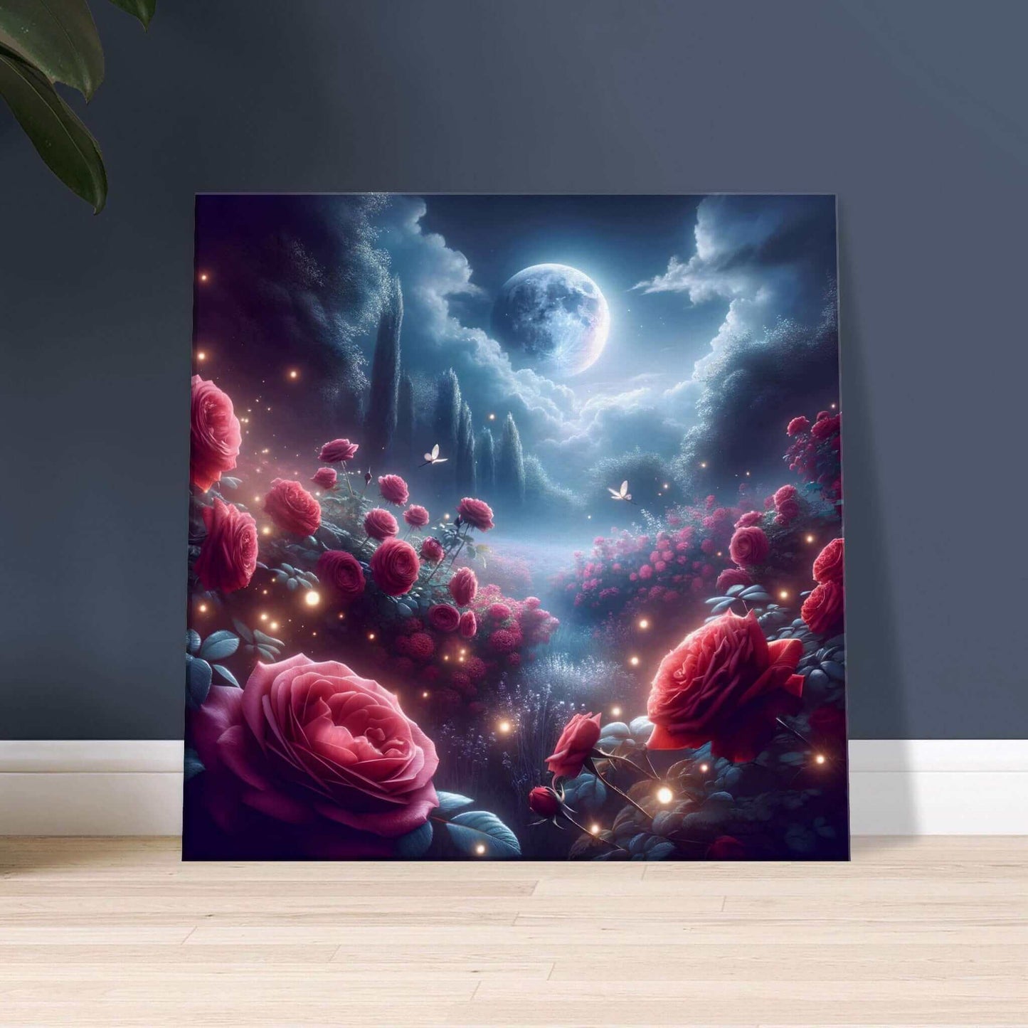 Firefly Ballet in the rose moon's embrace canvas