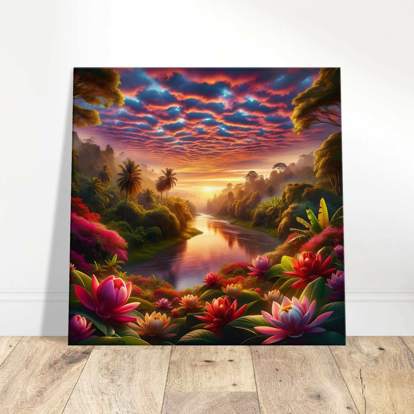 Dusks embrace on a tranquil river journey canvas