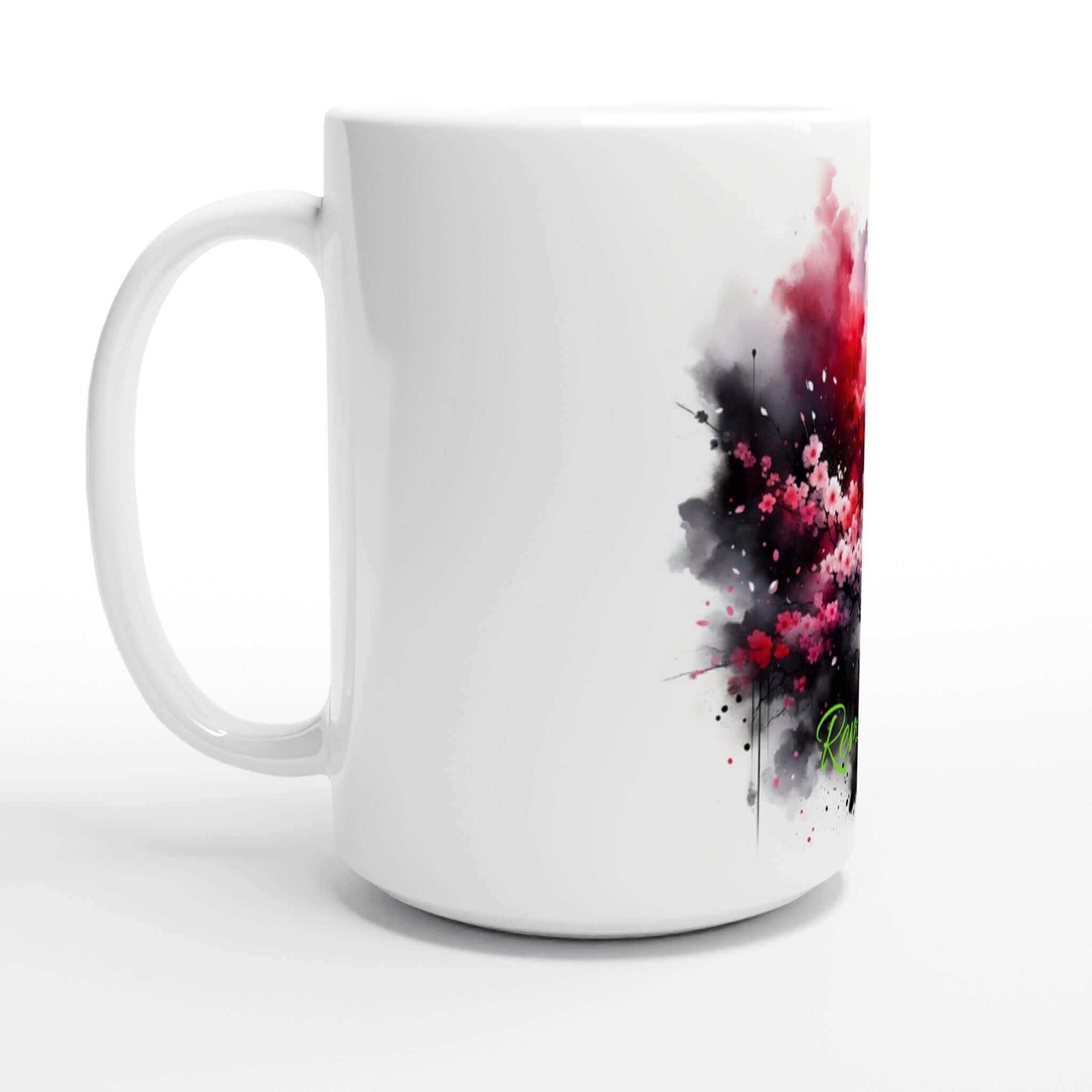 Petal Blossom Cascade: Moments in a cup collection White 15oz Ceramic Coffee Mug side view